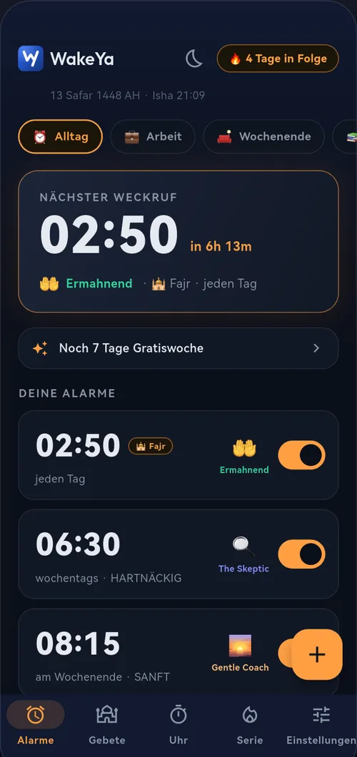 WakeYa: Weckerliste mit nächstem Weckruf und gewähltem Anrufer