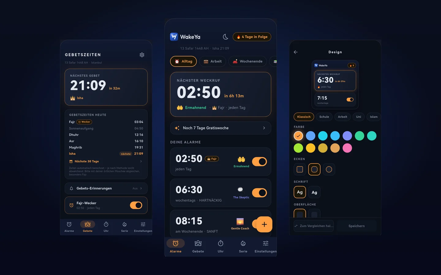 WakeYa – Weckerliste, Gebetszeiten und Design-Einstellungen der App
