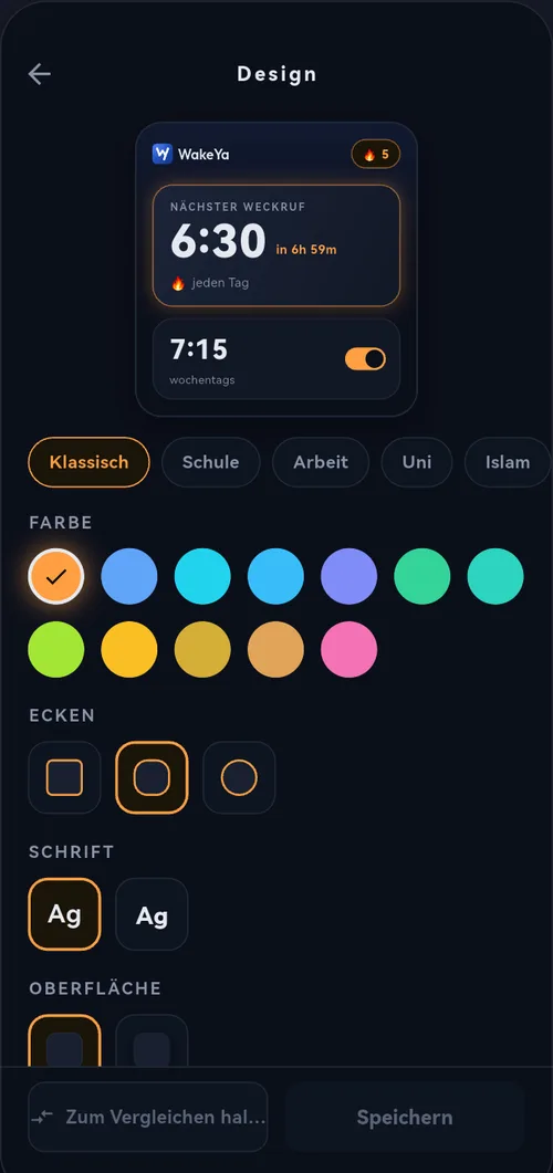 WakeYa: Design-Einstellungen mit Farbwelten und Formoptionen