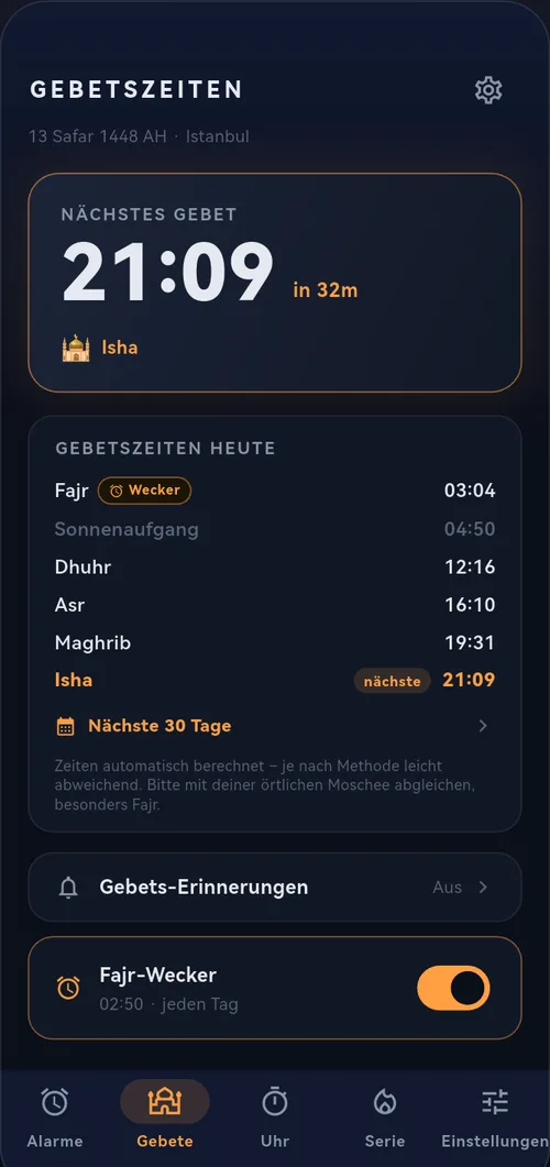 WakeYa: Gebetszeiten mit Fajr-Wecker und Monatsübersicht